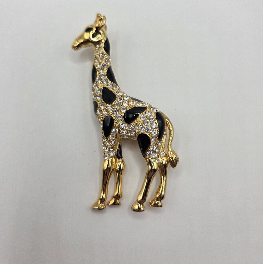 Giraffe Rhinestone Embellished Brooch Pin Black Gold Safari
